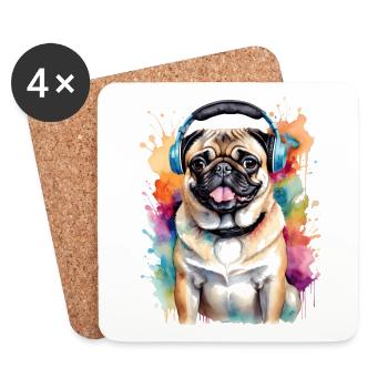 Mops Kopfhörer Hund Bunt Lustig Tier Design Print - Untersetzer (4er-Set) - Weiß - Vorne