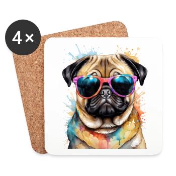 Mops Sonnenbrille Hund Bunt Lustig Design Print - Untersetzer (4er-Set) - Weiß - Vorne