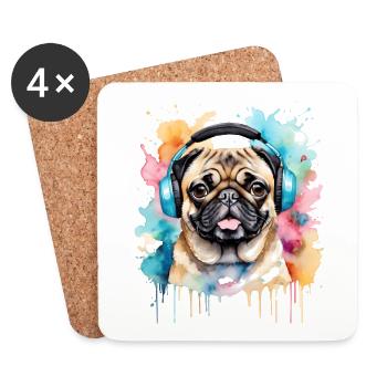 Mops Kopfhörer Hund Bunt Lustig Tier Design Print - Untersetzer (4er-Set) - Weiß - Vorne