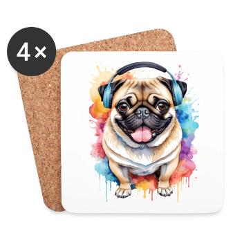 Mops Kopfhörer Hund Bunt Lustig Tier Design Print - Untersetzer (4er-Set) - Weiß - Vorne