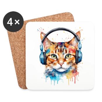 Katze Kopfhörer Bunt Lustig Tier Design Print - Untersetzer (4er-Set) - Weiß - Vorne