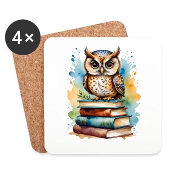 Livre hibou coloré peinture à l’aquarelle - Dessous de verre (lot de 4) - blanc - Devant