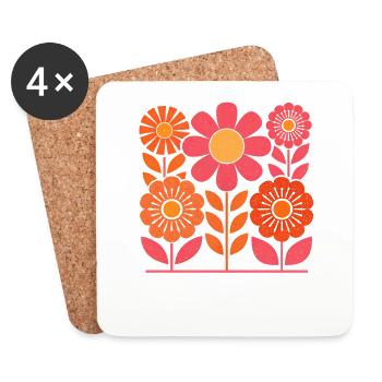 Retro Pink and Orange Flowers with Leaves - Coasters (set of 4) - white - Front