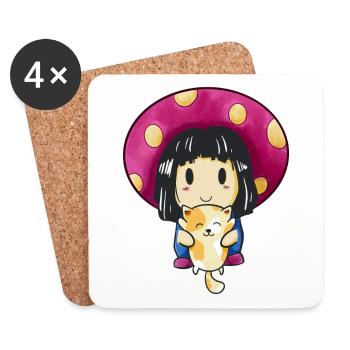 Mushroom Head Girl and Cat Cute Kawaii Anime - Coasters (set of 4) - white - Front