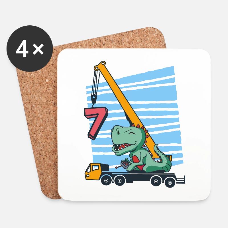 7 Jahre 7. Geburtstag Kranfahrzeug Dinosaurier - Untersetzer (4er-Set) - Weiß