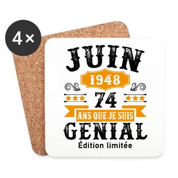 74 Ans Anniversaire Vintage Né(e) en Juin 1948 - Dessous de verre (lot de 4) - blanc - Devant