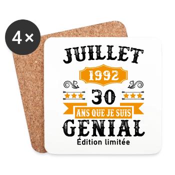 30 Ans Anniversaire Vintage Né(e) en Juillet 1992 - Dessous de verre (lot de 4) - blanc - Devant