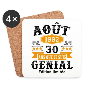 30 Ans Anniversaire Vintage Né(e) en Août 1992 - Dessous de verre (lot de 4) - blanc - Devant