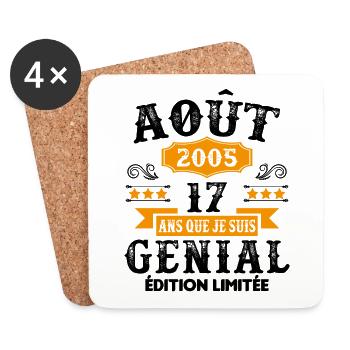 17 Ans Anniversaire Vintage Né(e) en Août 2005 - Dessous de verre (lot de 4) - blanc - Devant