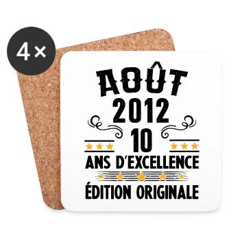 10 Ans Anniversaire Vintage Né(e) en Août 2012 - Dessous de verre (lot de 4) - blanc - Devant