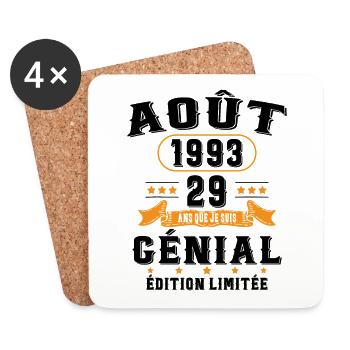29 Ans Anniversaire Vintage Né(e) en Août 1993 - Dessous de verre (lot de 4) - blanc - Devant