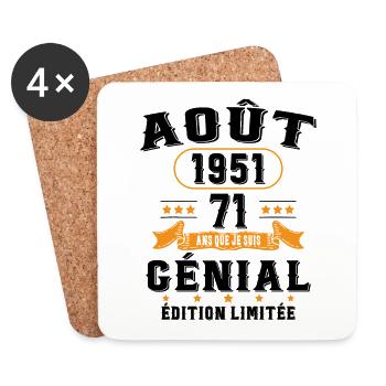71 Ans Anniversaire Vintage Né(e) en Août 1951 - Dessous de verre (lot de 4) - blanc - Devant