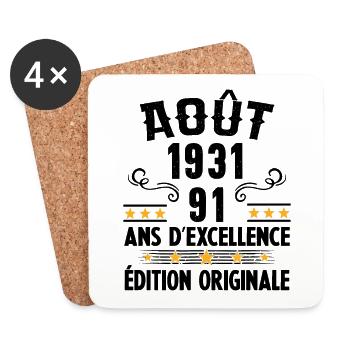91 Ans Anniversaire Vintage Né(e) en Août 1931 - Dessous de verre (lot de 4) - blanc - Devant