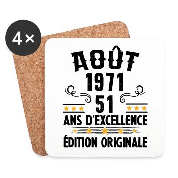 51 Ans Anniversaire Vintage Né(e) en Août 1971 - Dessous de verre (lot de 4) - blanc - Devant