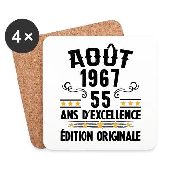 55 Ans Anniversaire Vintage Né(e) en Août 1967 - Dessous de verre (lot de 4) - blanc - Devant
