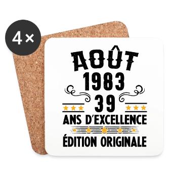 39 Ans Anniversaire Vintage Né(e) en Août 1983 - Dessous de verre (lot de 4) - blanc - Devant