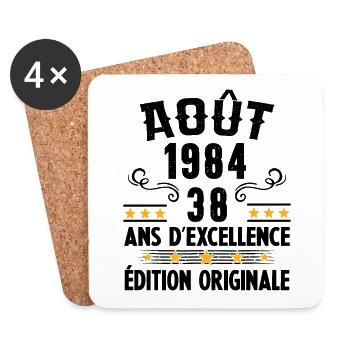 38 Ans Anniversaire Vintage Né(e) en Août 1984 - Dessous de verre (lot de 4) - blanc - Devant
