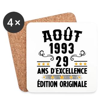 29 Ans Anniversaire Vintage Né(e) en Août 1993 - Dessous de verre (lot de 4) - blanc - Devant