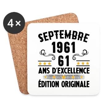 61 Ans Anniversaire Vintage Né(e) Septembre 1961 - Dessous de verre (lot de 4) - blanc - Devant