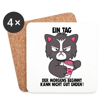 Katze Kaffee Morgenmuffel Faul Spruch Geschenk - Untersetzer (4er-Set) - Weiß - Vorne