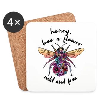Miel, abeille une fleur sauvage et libre Tee shirt Design - Dessous de verre (lot de 4) - blanc - Devant