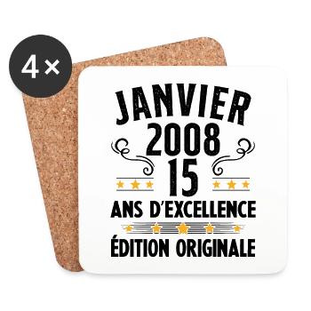 15 Ans Anniversaire Vintage Né(e) en Janvier 2008 - Dessous de verre (lot de 4) - blanc - Devant