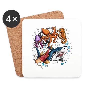 Fischdesign Meerestier Fische Hai Qualle Oktopus - Untersetzer (4er-Set) - Weiß - Vorne