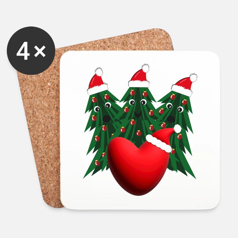 Herz mit Weihnachtsbäumen und Weihnachtsmützen. - Untersetzer (4er-Set) - Weiß