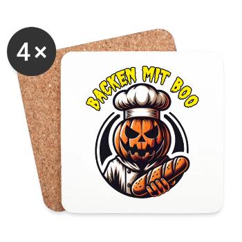 Halloween Kürbis mit Bäckermütze und Brot - Untersetzer (4er-Set) - Weiß - Vorne
