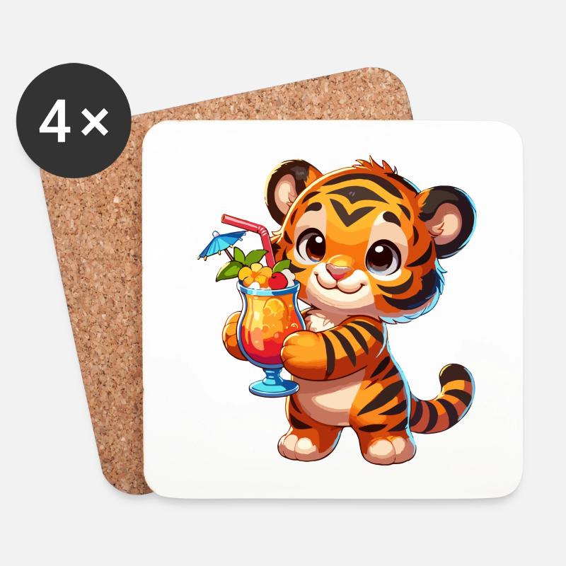 Süßer Tiger mit Drink - Untersetzer (4er-Set) - Weiß