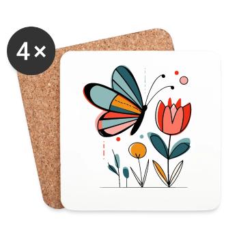 Papillon à motif printanier avec des fleurs - Dessous de verre (lot de 4) - blanc - Devant