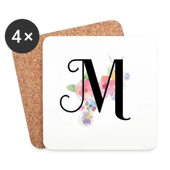 Lettre monogramme M avec fleurs pastel - Dessous de verre (lot de 4) - blanc - Devant