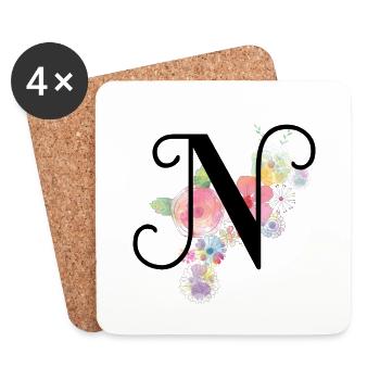 Monogramme Lettre N avec fleurs pastel - Dessous de verre (lot de 4) - blanc - Devant