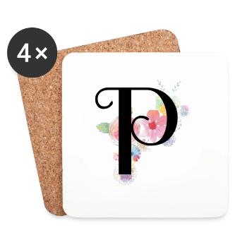Lettre monogramme P avec fleurs pastel - Dessous de verre (lot de 4) - blanc - Devant