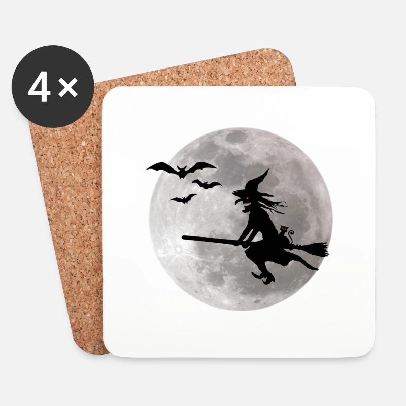 Halloween Hexe mit Katze fliegt am Himmel - Untersetzer (4er-Set) - Weiß