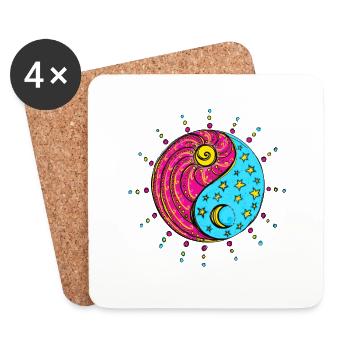 Yin Yang, Sonne, Mond, Sterne, chinesisches Symbol - Untersetzer (4er-Set) - Weiß - Vorne