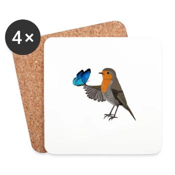 European robin with blue butterfly bird design - Coasters (set of 4) - white - Front