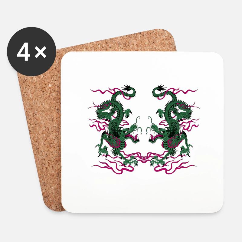 Zwei chinesische Drachen Glücksbringer - Untersetzer (4er-Set) - Weiß