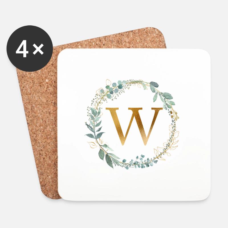 Personalisierbar Monogramm W Kranz Botanik - Untersetzer (4er-Set) - Weiß