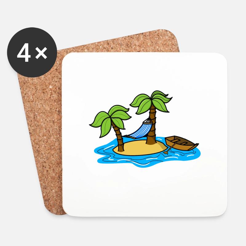 Insel mit Palmen, einer Hängematte und einem Boot - Untersetzer (4er-Set) - Weiß