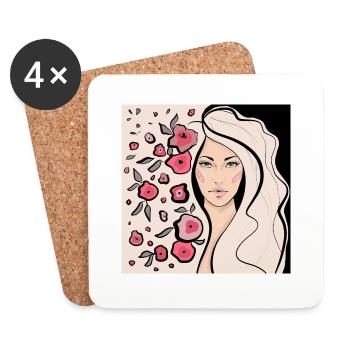 Women's face with open hair and flowers - Coasters (set of 4) - white - Front