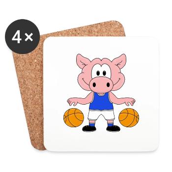BASKETBALL - SCHWEIN - TIER - KIND - BABY - SPORT - Untersetzer (4er-Set) - Weiß - Vorne