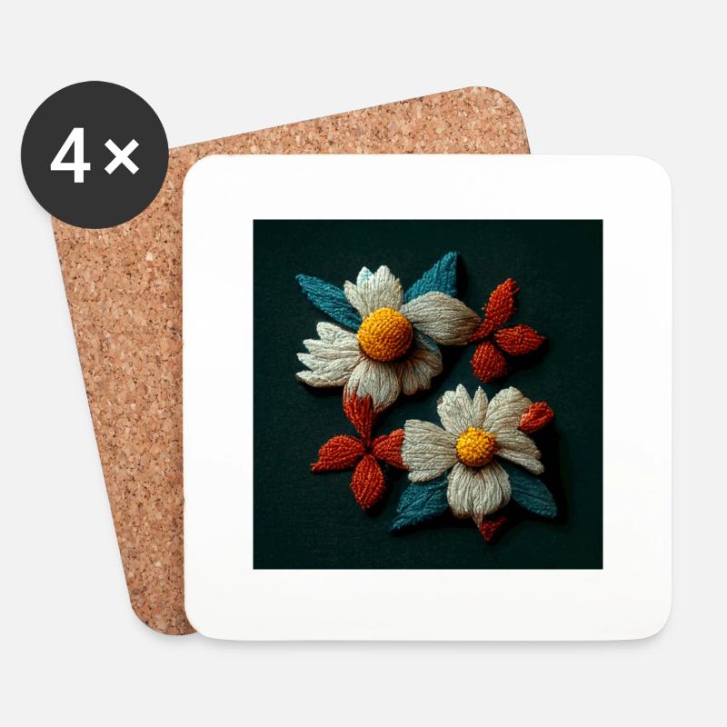 Bestickte Blumen 3d - Untersetzer (4er-Set) - Weiß