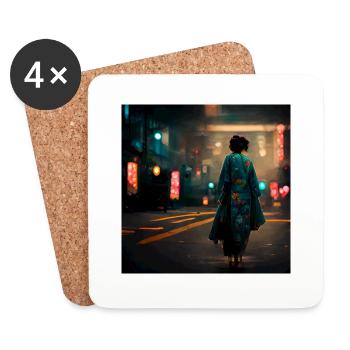 Woman Walking Down Tokyo Street at Night - Coasters (set of 4) - white - Front