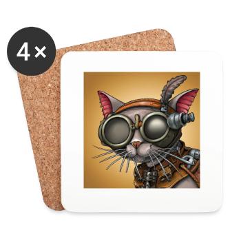 Une promenade dans l’ du robot : chat Steampunk - Dessous de verre (lot de 4) - blanc - Devant