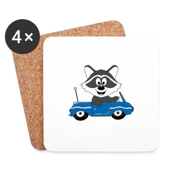 AUTO - WASCHBÄR - AUTOFAHRER - TIER - TIERISCH - Untersetzer (4er-Set) - Weiß - Vorne