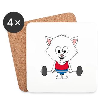 KATZE - GEWICHTHEBER - BODYBUILDING - SPORT - Untersetzer (4er-Set) - Weiß - Vorne