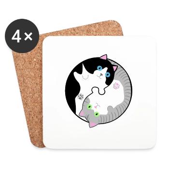 Schwarz-weiße und grau-getigerte Katzen Yin-Yang - Untersetzer (4er-Set) - Weiß - Vorne
