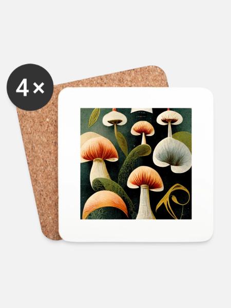Botanischer Druck mit Pilzen und Pflanzen. - Untersetzer (4er-Set) - Weiß