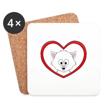 LIEBE - HERZ - KATZE - KATER - TIERLIEB - VERLIEBT - Untersetzer (4er-Set) - Weiß - Vorne